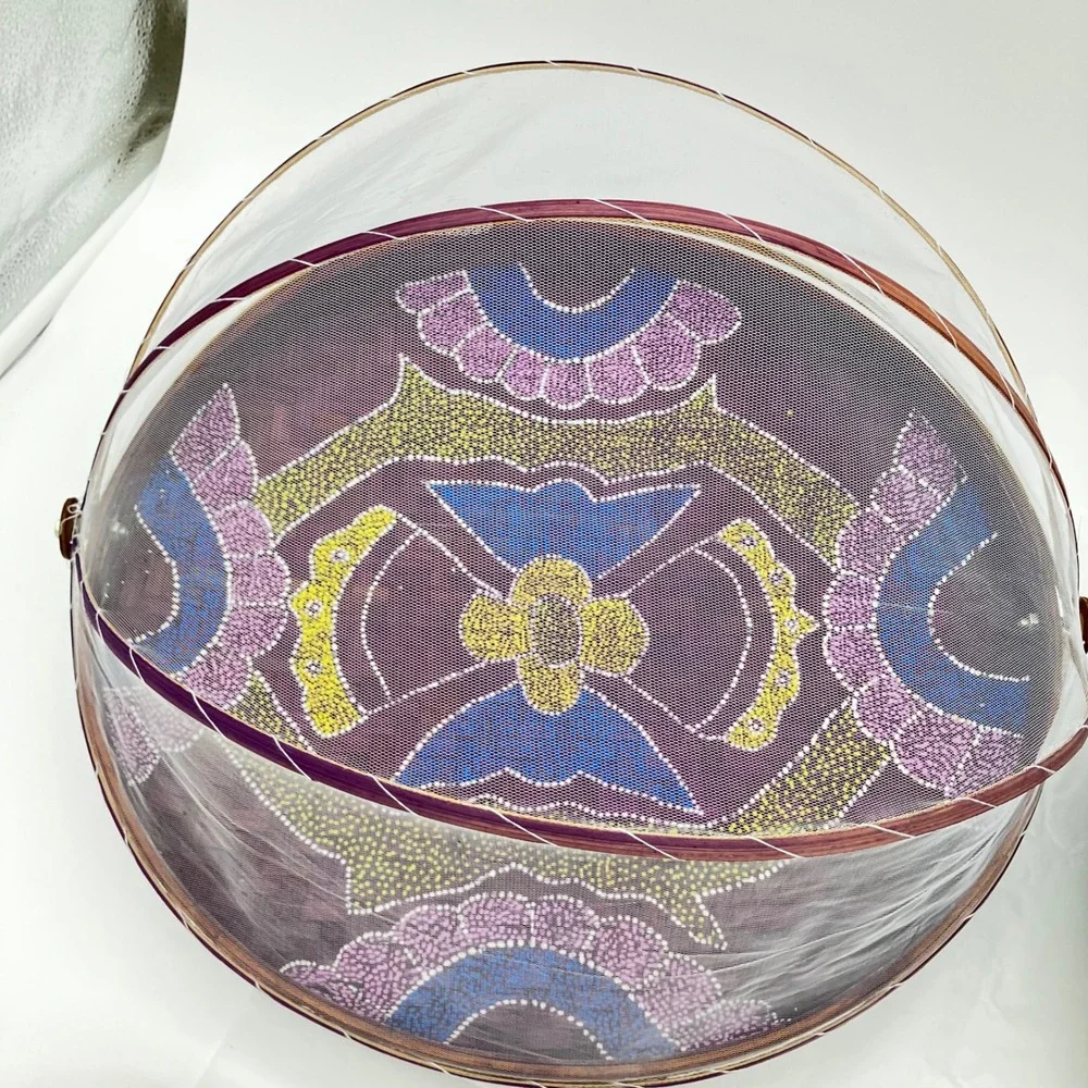 Set of 3 Bamboo Food Serving Tent Basket Hand Painted Boho Picnic Cover Mesh Net